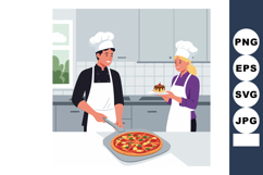 Two chefs preparing pizza and dessert in modern kitchen wear Product Image 1
