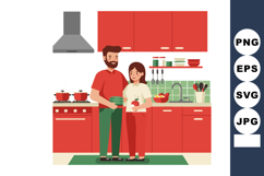 Couple cooking together in modern red kitchen with green til Product Image 1