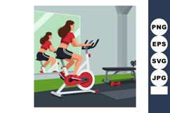Woman exercising on stationary bike in gym with mirror refle Product Image 1