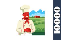 Chef standing in farm field with barn and blue sky backgroun Product Image 1