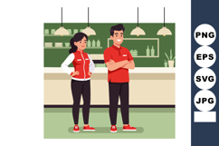 Two young employees standing confidently in modern cafe inte Product Image 1