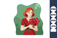 Woman with red hair holding bouquet of red flowers in green Product Image 1