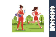 Two women exercising outdoors jogging and walking with water Product Image 1
