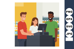 Young diverse customers paying at store cash register with f Product Image 1