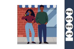 Young man and woman standing outside cafe drinking coffee ca Product Image 1