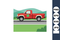 Red pickup truck driving on country road with green hills ba Product Image 1
