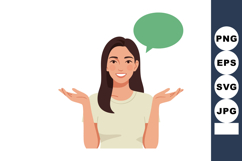 Woman with open hands and smiling face showing speech bubble Product Image 1