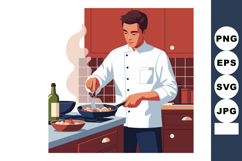 Male Chef Cooking in Kitchen Preparing Food with Pan and Sto Product Image 1