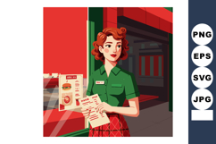 Retro waitress holding menu outside diner restaurant wearing Product Image 1