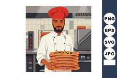 Chef holding stack of freshly baked pizzas in professional k Product Image 1