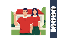 Young couple wearing red shirts standing in front of house w Product Image 1