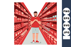 Man shopping in red supermarket aisle holding smartphone bro Product Image 1