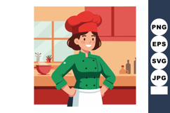 Female chef smiling confidently in kitchen wearing red hat a Product Image 1
