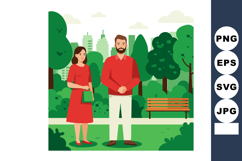 Couple standing in green park with trees and city skyline ba Product Image 1