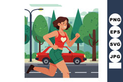 Woman jogging outdoors in urban park near red car with trees Product Image 1