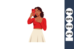 Young woman taking selfie with smartphone in red top and bei Product Image 1