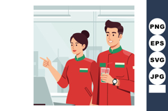 Two workers in red uniforms discussing work while holding a Product Image 1