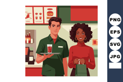 Young man waiter serving drink and smiling woman customer ho Product Image 1