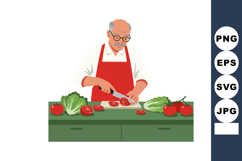 Elderly man slicing fresh tomatoes wearing red apron prepari Product Image 1