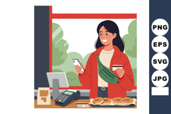 Woman making contactless payment at bakery counter with phon Product Image 1