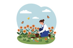 A woman kneeling among colorful flowers in a garden, nurturi Product Image 1