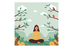 A woman meditating peacefully in nature surrounded by colorf Product Image 1
