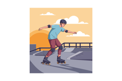 Young man skating on rollerblades in a skate park with a fla Product Image 1