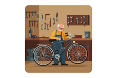 Elderly man repairing a bicycle in a cozy workshop with tool Product Image 1