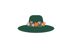 Green wide-brimmed hat adorned with colorful flowers in a fl Product Image 1