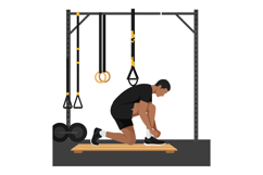 Man tying shoelaces on a wooden platform in a minimal gym se Product Image 1
