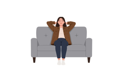 Relaxed woman sitting comfortably on a grey couch in a minim Product Image 1