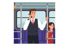 A man in a suit talking on the phone while standing in a bus Product Image 1