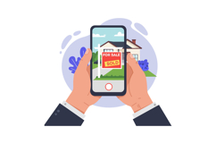 Hands holding smartphone displaying a sold house sign in a f Product Image 1