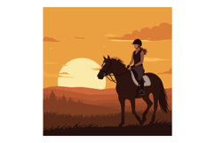 A woman riding a horse against a vibrant sunset in minimal g Product Image 1
