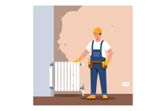 Skilled worker in yellow hard hat adjusting white radiator i Product Image 1