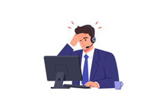 Frustrated man in a suit with headset at a computer desk in Product Image 1