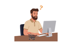 A man with a beard looking puzzled at a computer screen in a Product Image 1