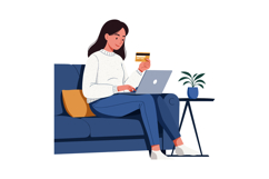 Woman seated on a couch using a laptop with a credit card in Product Image 1