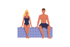 Two friends sitting by a swimming pool in a flat and minimal Product Image 1