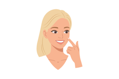 Young woman with light blonde hair smiling and pointing at h Product Image 1