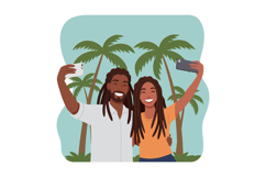 Joyful couple taking a selfie in a tropical setting with pal Product Image 1