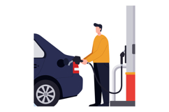 Man in orange sweater refueling dark car at gas station in f Product Image 1