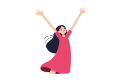A joyful girl in a pink dress celebrating with raised arms i Product Image 1