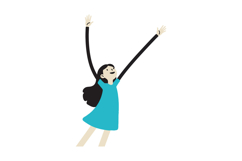 A joyful girl in a blue dress with raised arms expressing ha Product Image 1