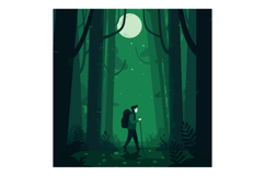A hiker walking through a dense green forest under a full mo Product Image 1