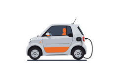 Electric compact car charging with orange interior and gray Product Image 1