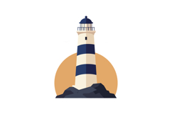 Lighthouse with navy and beige stripes on rocky base against Product Image 1