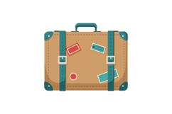 Vintage brown suitcase with travel stickers and teal straps Product Image 1