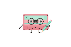 Retro pink cassette tape character with glasses holding penc Product Image 1