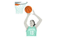 Female basketball player shooting ball towards hoop in teal Product Image 1